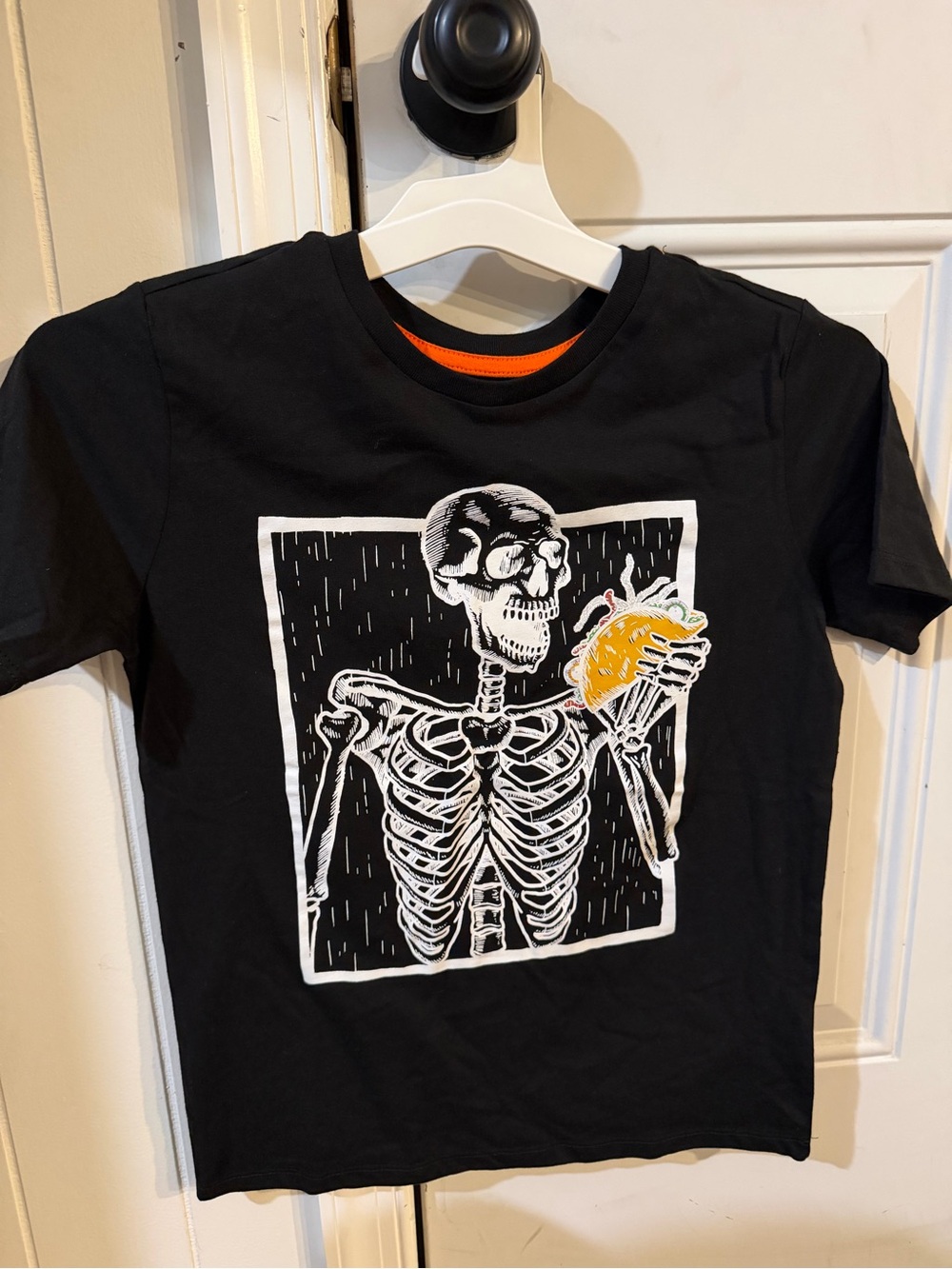 Black Kids Graphic Skeleton T-Shirt with Orange Accent